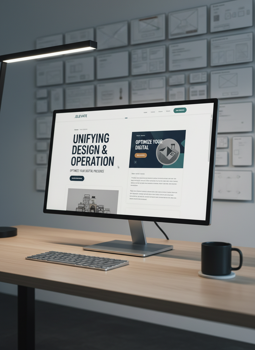A large, impeccably organized desktop monitor shows a polished landing page design with bold typography, balanced white space, and refined color accents. The monitor sits on a pale oak desk with a smooth, satin finish, accompanied by a slim wireless keyboard and a single, carefully placed dark ceramic mug. In the background, a wall-mounted grid of monochrome UI elements and responsive layout thumbnails is softly out of focus. Cool, diffused studio lighting defines every edge without harsh contrast, emphasizing clarity and precision. Photographic realism at eye level with a rule-of-thirds composition creates a calm, focused atmosphere, conveying a high-end web studio optimizing landing pages, design, and operation as a seamless, unified process.